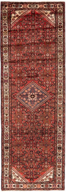 Full view of 1975s Hoseinabad rug from Iran / Persia, 305 × 102 cm in Terracotta tones
