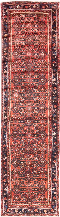 Full view of 1975s Hoseinabad rug from Iran / Persia, 305 × 78 cm in Red tones