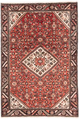 Full view of 1970s Hoseinabad rug from Iran / Persia, 228 × 156 cm in Terracotta tones