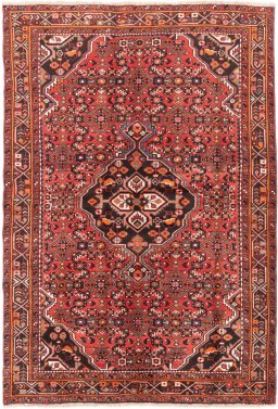 Full view of 1970s Hoseinabad rug from Iran / Persia, 200 × 140 cm in Red tones