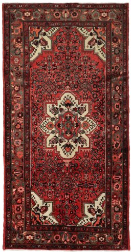 Full view of 2000s Hoseinabad rug from Iran / Persia, 320 × 160 cm in Red tones
