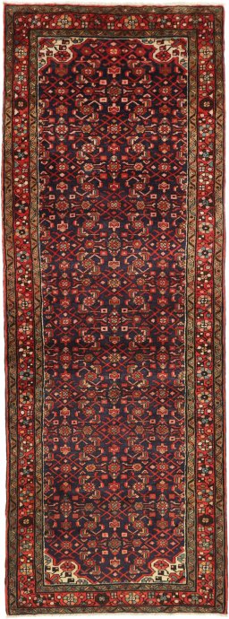 Full view of 2000s Hoseinabad rug from Iran / Persia, 320 × 115 cm in Dark blue tones