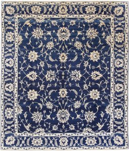 Full view of 1980s Isfahan rug from Iran / Persia, 280 × 236 cm in Dark blue tones