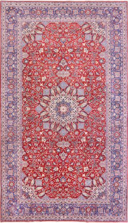 Full view of 1930s Isfahan rug from Iran / Persia, 702 × 411 cm in Red tones