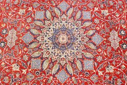 Close-up detail of 1930s Isfahan rug from Iran / Persia showing Wool weave
