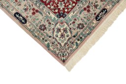 Backside of handmade New Isfahan rug showing knot structure and weave density
