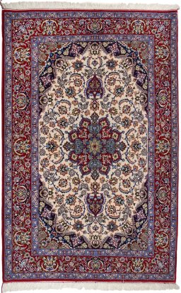 Full view of New Isfahan rug from Iran / Persia, 162 × 112 cm in Cream tones