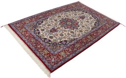 Close-up detail of New Isfahan rug from Iran / Persia showing Wool weave