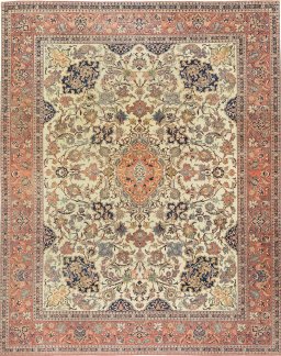 Full view of 1920s Isfahan rug from Iran / Persia, 392 × 314 cm in Cream tones