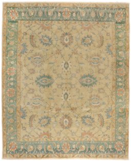 Full view of New Isfahan rug from Iran / Persia, 293 × 236 cm in Beige tones