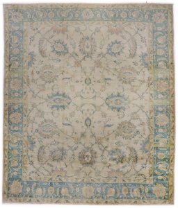Full view of New Isfahan rug from Iran / Persia, 285 × 247 cm in Beige tones