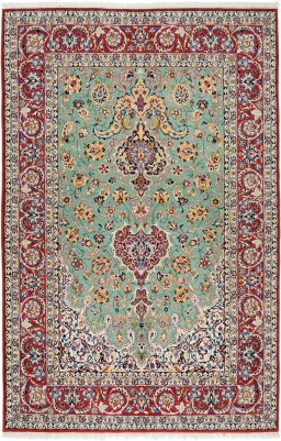 Full view of 1990s Isfahan rug from Iran / Persia, 226 × 146 cm in Green tones