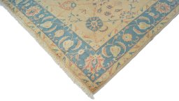 Backside of handmade New Isfahan rug showing knot structure and weave density
