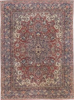 Full view of 1920s Isfahan rug from Iran / Persia, 438 × 320 cm in Dark red tones