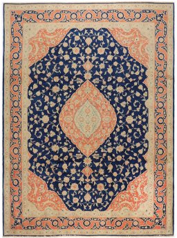 Full view of New Isfahan rug from Iran / Persia, 352 × 255 cm in Dark blue tones