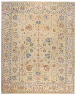 Full view of New Isfahan rug from Iran / Persia, 302 × 240 cm in Yellow tones