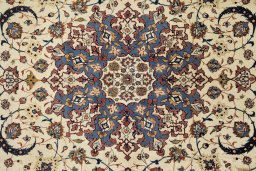 Backside of handmade 1970s Isfahan rug showing knot structure and weave density