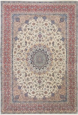 Full view of 1970s Isfahan rug from Iran / Persia, 455 × 310 cm in Cream tones