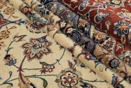 Corner detail of 1970s Isfahan rug showing border pattern and Cork pile