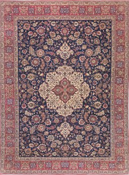Full view of 1930s Isfahan rug from Iran / Persia, 419 × 312 cm in Dark blue tones