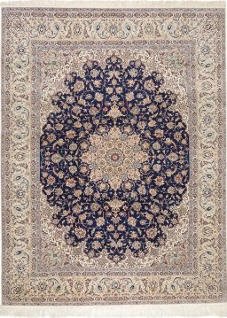 Full view of 1980s Isfahan rug from Iran / Persia, 412 × 312 cm in Dark blue tones