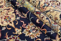 Full view of 1980s Isfahan rug from Iran / Persia, 412 × 312 cm in Dark blue tones