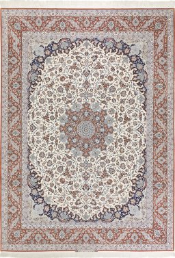 Full view of 1980s Isfahan rug from Iran / Persia, 426 × 306 cm in White tones