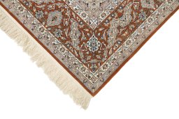 Backside of handmade 1980s Isfahan rug showing knot structure and weave density