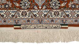 Close-up detail of 1980s Isfahan rug from Iran / Persia showing Wool weave