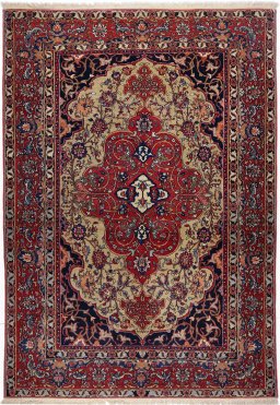 Full view of 1920s Isfahan rug from Iran / Persia, 218 × 142 cm in Beige tones