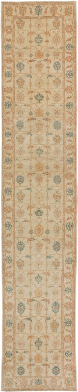 Full view of New Isfahan rug from Iran / Persia, 397 × 78 cm in Cream tones