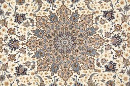 Backside of handmade New Isfahan rug showing knot structure and weave density