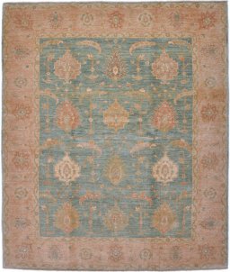 Full view of New Isfahan rug from Iran / Persia, 290 × 249 cm in Green tones