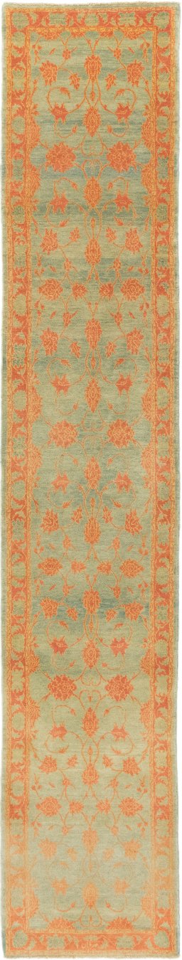 Full view of New Isfahan rug from Iran / Persia, 442 × 81 cm in Blue tones