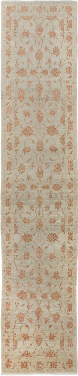 Full view of New Isfahan rug from Iran / Persia, 399 × 81 cm in Cream tones