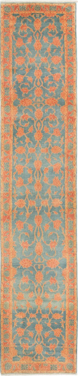 Full view of New Isfahan rug from Iran / Persia, 409 × 81 cm in Blue tones