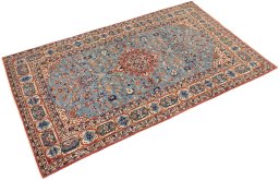 Corner detail of 1920s Isfahan rug showing border pattern and Wool pile