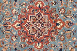 Close-up detail of 1920s Isfahan rug from Iran / Persia showing Wool weave