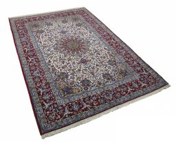 Corner detail of New Isfahan rug showing border pattern and Cork pile