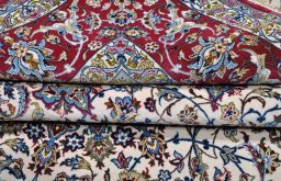 Full view of New Isfahan rug from Iran / Persia, 231 × 157 cm in Beige tones
