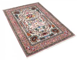 Corner detail of New Isfahan rug showing border pattern and Cork pile