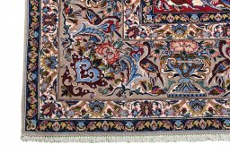 Corner detail of New Isfahan rug showing border pattern and Cork pile