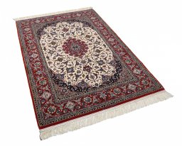 Corner detail of New Isfahan rug showing border pattern and Cork pile