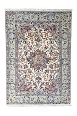 Full view of 2000s Isfahan rug from Iran / Persia, 152 × 107 cm in Beige tones