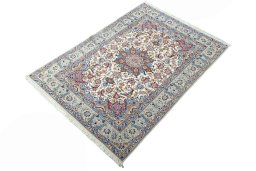 Corner detail of 2000s Isfahan rug showing border pattern and Cork pile
