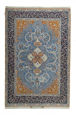 Full view of 1950s Isfahan rug from Iran / Persia, 223 × 150 cm in Blue tones