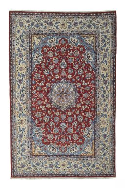 Full view of 1970s Isfahan rug from Iran / Persia, 232 × 150 cm in Red tones