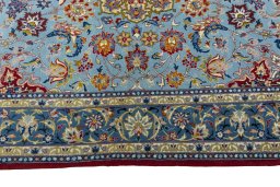 Corner detail of 1970s Isfahan rug showing border pattern and Cork pile