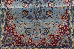Close-up detail of 1970s Isfahan rug from Iran / Persia showing Cork weave