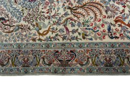 Corner detail of 1970s Isfahan rug showing border pattern and Cork pile